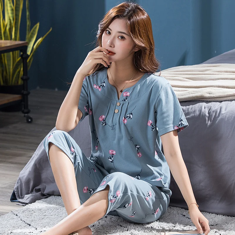 Big Yards XXXXL 2024 summer sleepwear women pajamas sets v-neck floral short sleeve pajama suit cotton women homewear suit soft