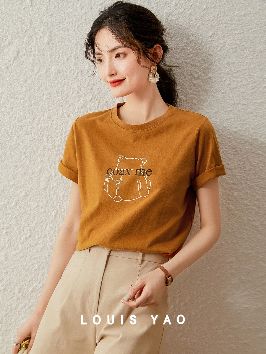 

LOUIS YAO Women T-shirt Print O Neck Short Sleeve 2024 Summer 100% Cotton Tee Loose Casual Basic Pullover Top