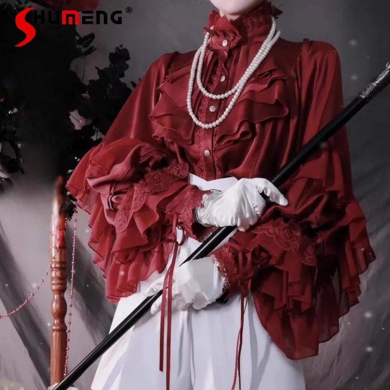 

Japanese Lolita Dark Gothic Shirt Bat Sleeves Loose Rojita Spring Autumn Red Black Long-Sleeved Single-breasted Blouse Female