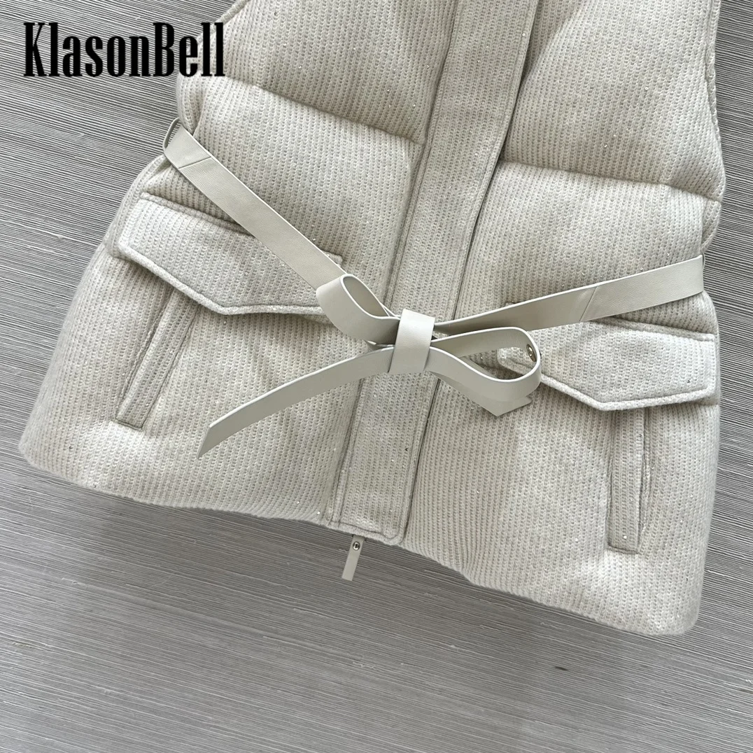 9.9 KlasonBell Women Stand Collar Wool Goose Down Vest With Real Leather Sashes Classic Sequins Cashmere Knit Down Zipper Vest