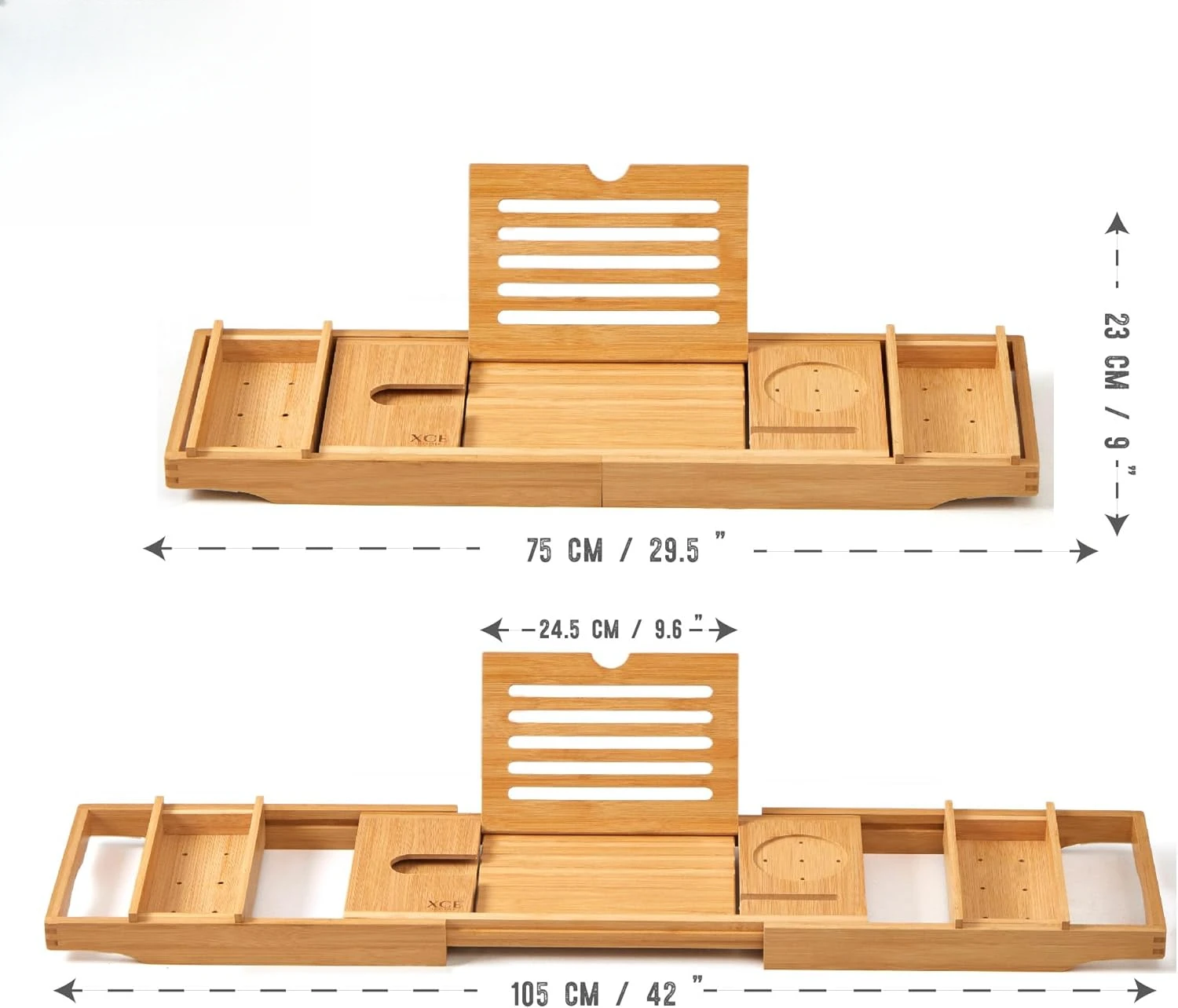 يمكن تمديد صينية علبة حوض الاستحمام حتى 105 سنتيمتر وتأتي مع رف كتب من الخيزران وصينية صابون طبيعية