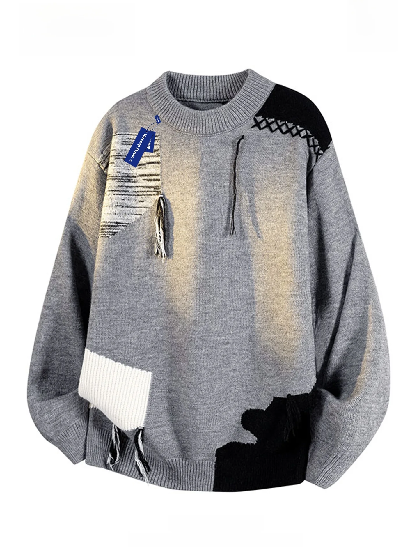 

Wassup Dozen2025 New Street Casual Spliced ey Vibe Loose Men's Knitted Sweater Warm Comfortable Long Sve round Ne Swea...