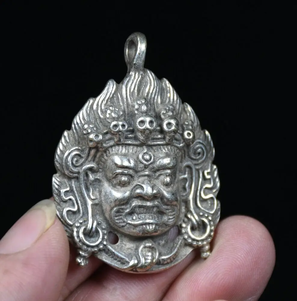 5CM Rare Old China Miao Silver Mahakala Wrathful Deity Buddha Amulet Pendant