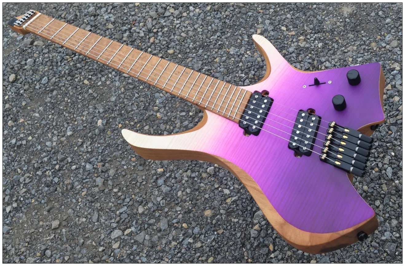 

2024 Fanned frets 6 Strings Headless Electric Guitar purple color maple fretboard HH pickups maple neck ASH wood body