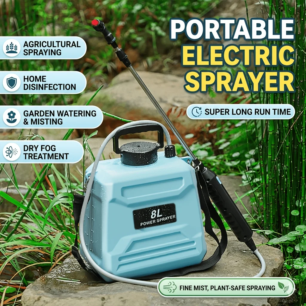 Pulverizador Eléctrico de 2.11 Galones/8L con Batería, Pulverizador con Mango Recargable por USB, Pulverizador de Jardín Portátil con