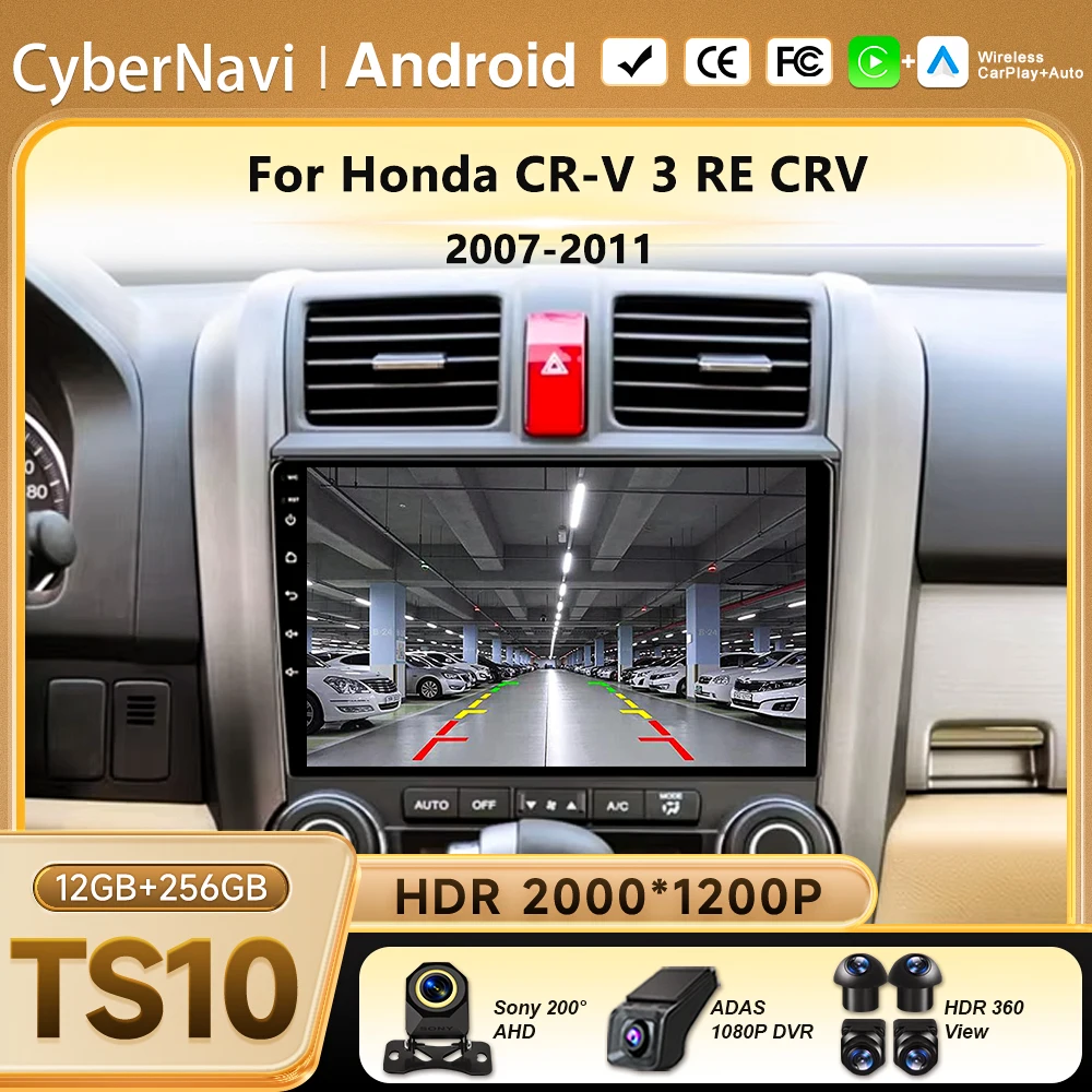Rádio Automotivo Carplay para Honda CR-V 3 RE CRV 2007-2011 Android 16 Multimídia Reprodutor de Vídeo 2 Din Navegação GPS DVD Central Multimídia 8 Núcleos
