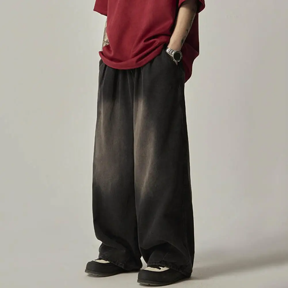 Celana Denim pria Distressed, Jeans kaki lebar gaya jalanan dengan pinggang elastis desain tertekan tirai trendi untuk modis