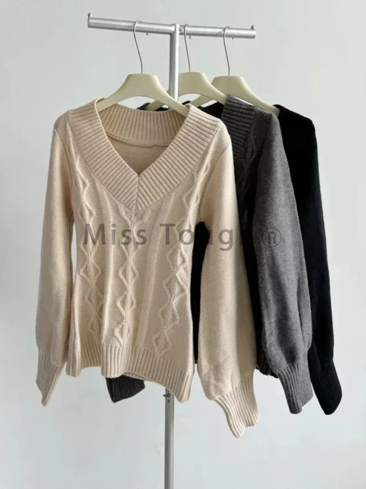 Winter Korean Fashion V-neck Knitted Tops Women Vintage Chic Long Sleeve Solid Slim Sweater Female Casual Elastic Thin Knit Top