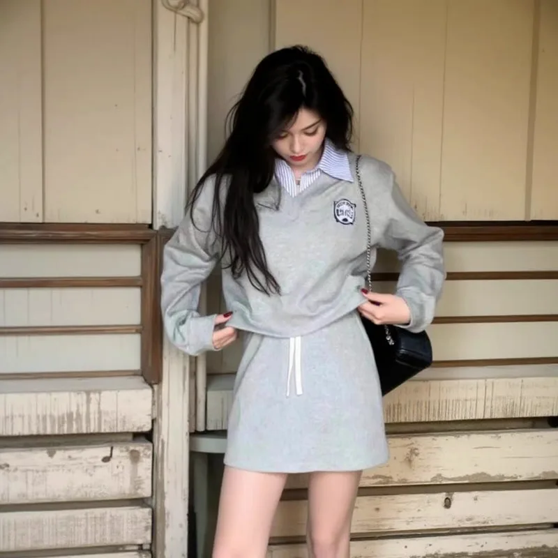 

Sweet Hot Girl College Style Suit Women's Autumn Polo-neck Long-sleeved Top Mini Skirt Two-piece Set Fashion Female Clothes