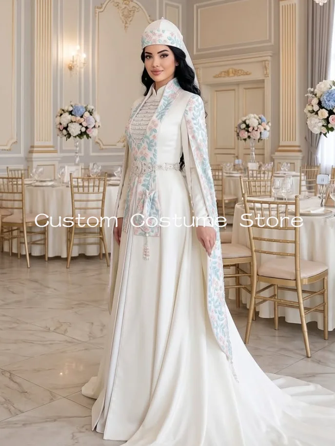 White Muslim Two Pieces Wedding Dresses High Neck Embroidery Long Sleeve Cape Circassian Bridal Gown свадебныеплатья customized