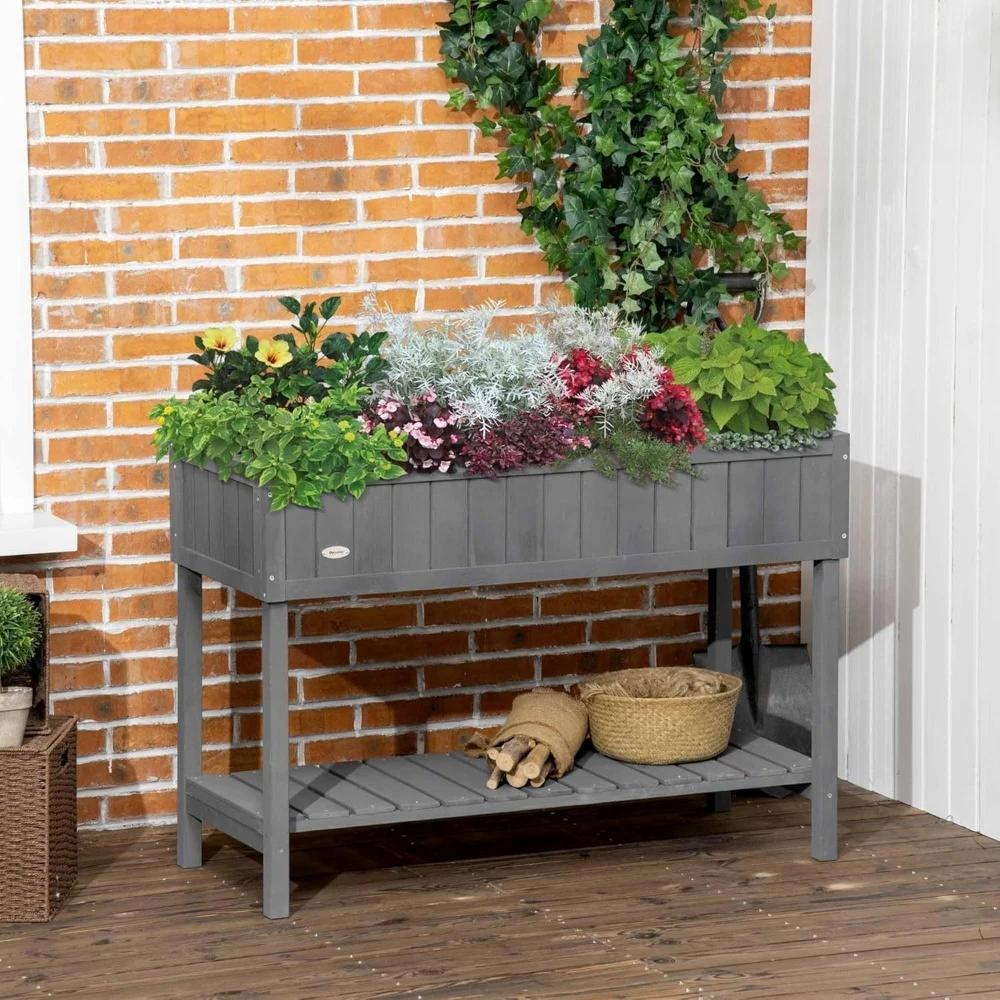 

43x18x30 Inch Raised Garden Bed with 8 Pockets and Shelves, Wooden Elevated Planter with Legs, Customizable