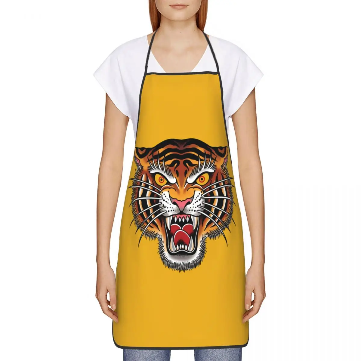 Funny Gothic Traditional Tattoo Tiger Head Bib Apron Women Men Unisex Kitchen Chef Tablier Cuisine for Cooking Baking Painting