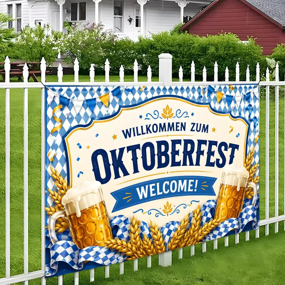 Oktoberfest flag vivid print easy hang reusable indoor outdoor porch yard wall party beer mugs wheat hops blue white decor Flags