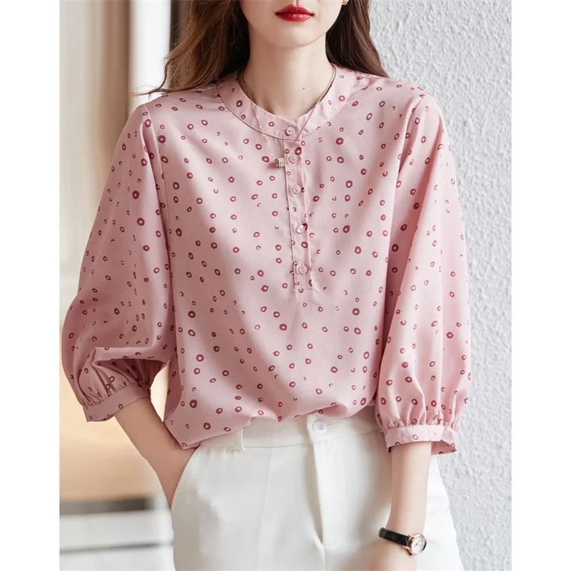 Woman Spring Summer Style Blouses Tops Lady Casual Half Sleeve Stand Collar Polka Dot Printed Blusas Tops DF4474