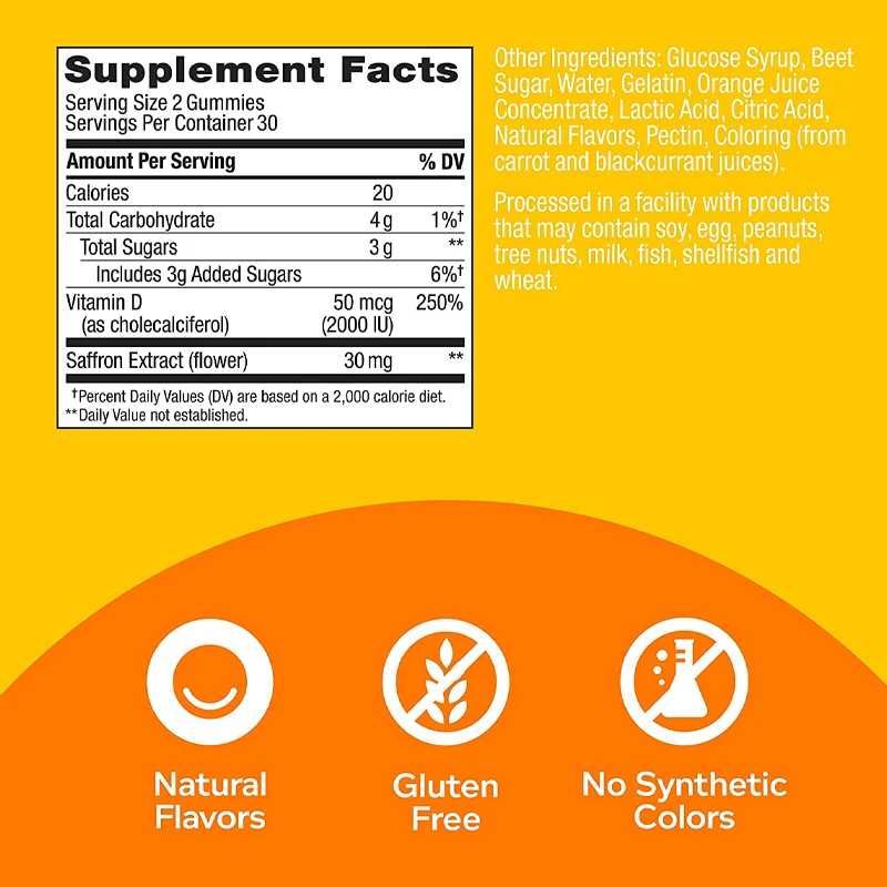 Hello Happy Gummies Mood Balance Support, Vitamin D, Saffron High Absorption Formula