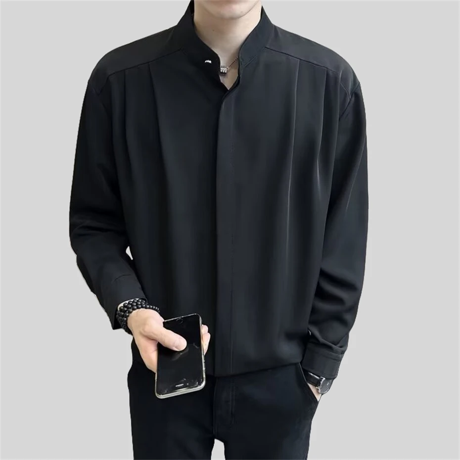 

Solid Color Shirts Men Loose Casual Shirt Mens Stand Collar Harajuku Shirt Mens Spring Autumn Men Clothing Balck White