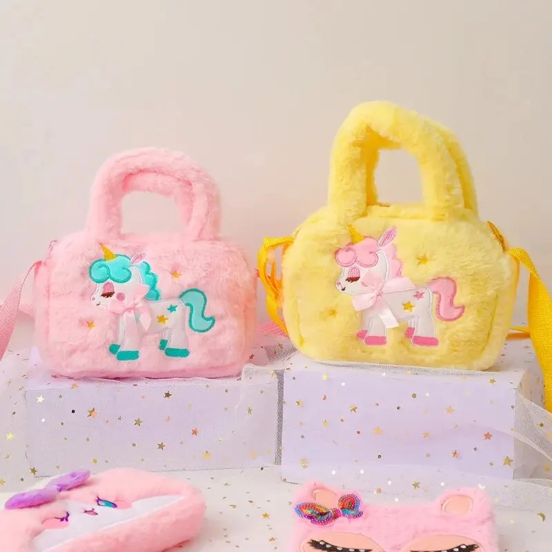 Kids Embroidery Unicorn Plush Toy Crossbody Purses Handbags Little Girls Rainbow Fluffy Purse Cute Cartoon Furry Shoulder Bag