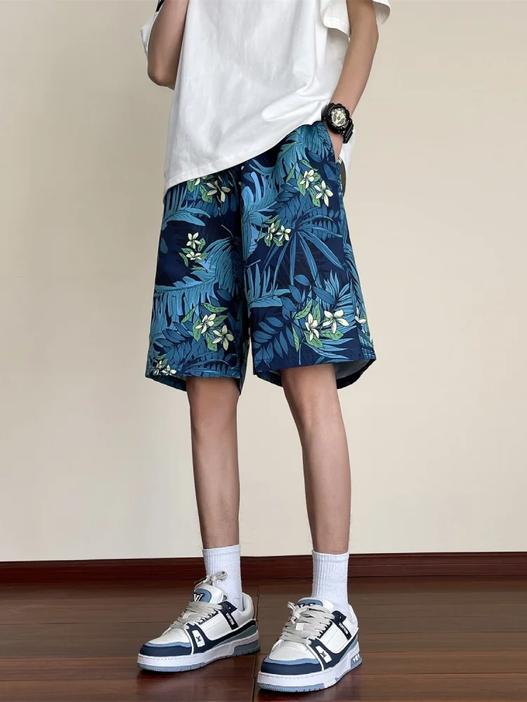 

Мужские летние тонкие шорты из ледяного шелка, пляжные, для отпуска, молодежные, с крупным цветочным принтом, модные, прямого кроя, повседневные