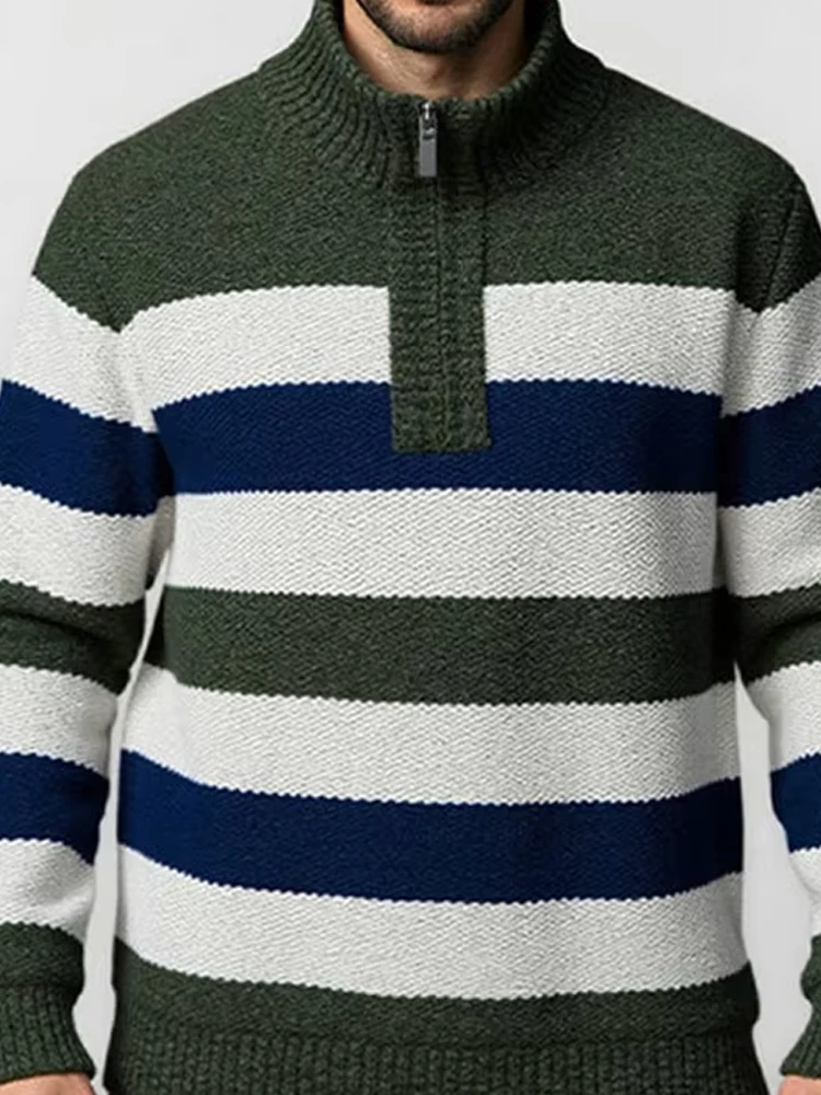 

Men's Fall Winter Casual Zip-up Stand Collar Sweater Polo Shirts Fashion Slim Jumpers Vintage Striped Crochet Knitted Polo Shirt