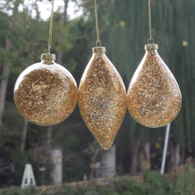 4pcs/pack Different Shape Inner Gold Chips Transparent Glass Pendant Christmas Hanging Globe Decorative Cone Drop Onion Hanger