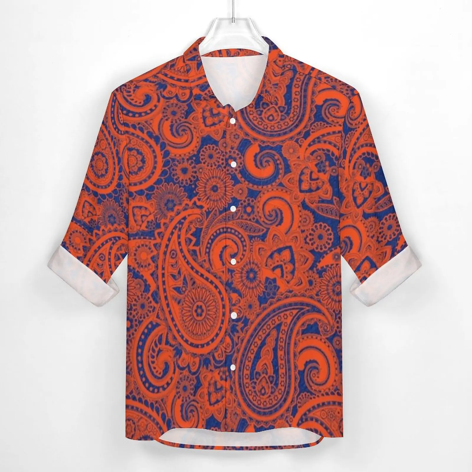 Paisley Print Streetwear Casual Shirt Male Blue and Orange Shirt Autumn Trending Blouses Long Sleeve Design Oversized Clothing