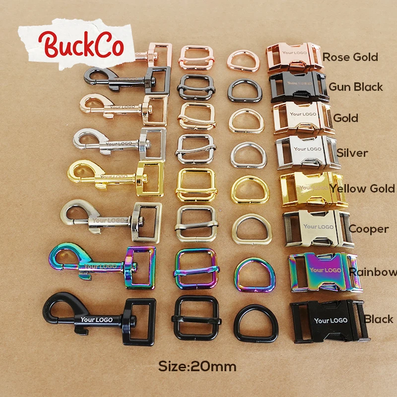 1set Engraved(metal buckle+adjust buckle+D ring+metal dog clasp)plated metal buckle backpack dog collar parts 8 colours 4 sizes