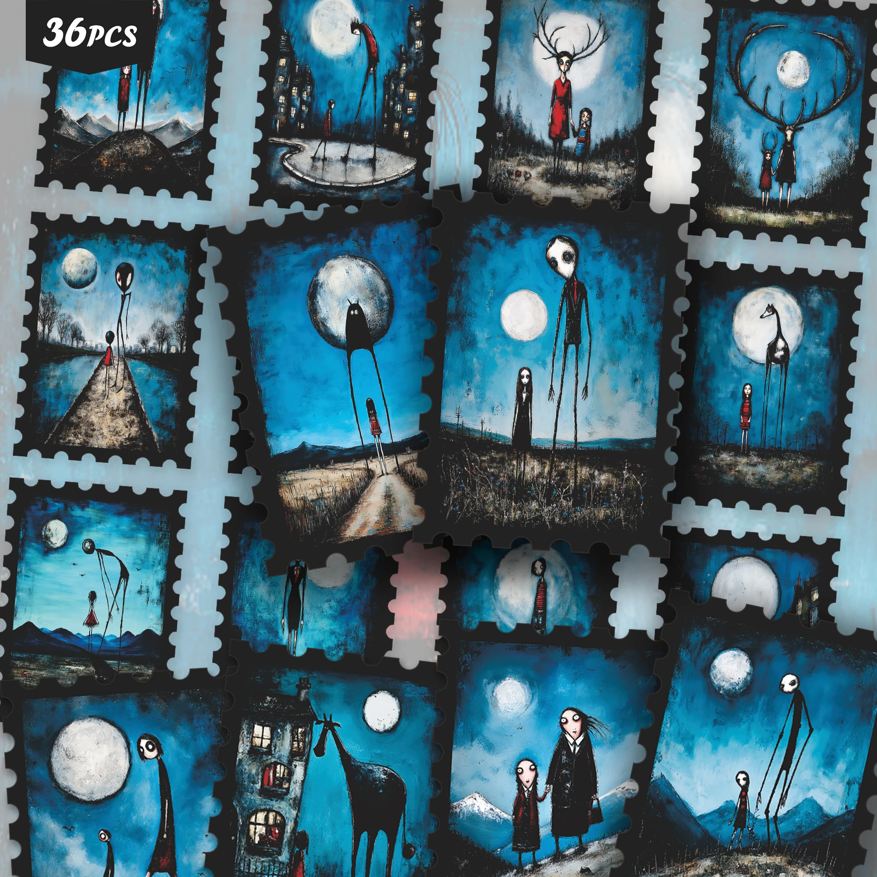 36PCS Surreal Dark Art Stickers, moon‑landscape figure motifs, somber eerie aesthetic, ideal for tumblers, for pads and for lapt