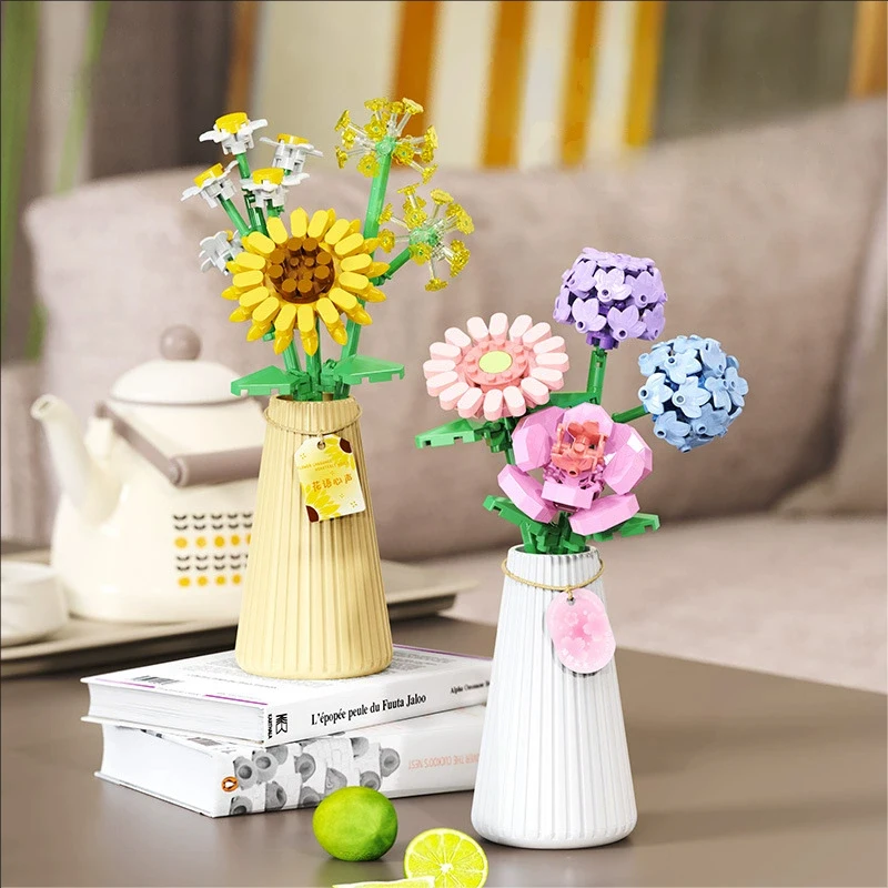 

Букет цветов, строительные блоки, игрушка с горшком, подсолнух, роза, мини-строительные блоки, модель цветочных блоков для девочек, украшение стола