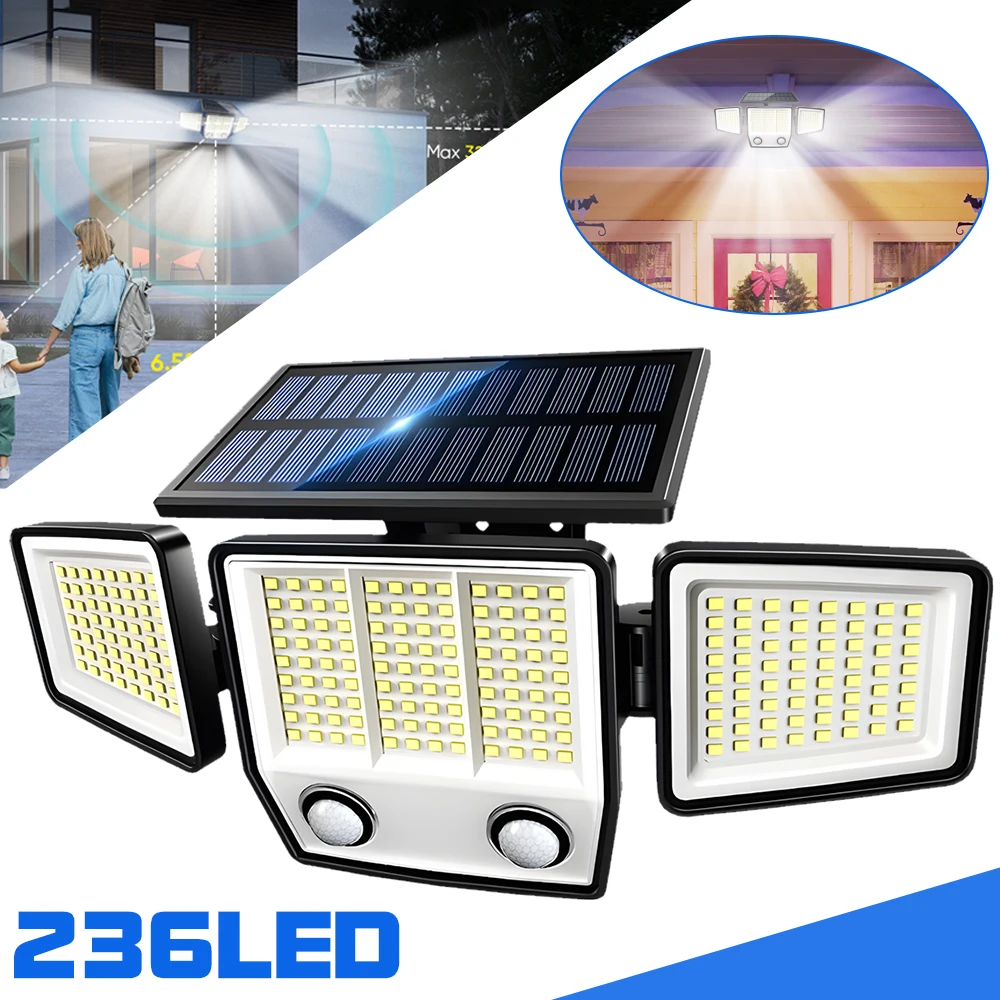 Solar Lights Outdoor Waterproof Super Bright Cordless Solar Motion Sensor Light 3 Adjustable Heads 270° Wide Angle Illumination