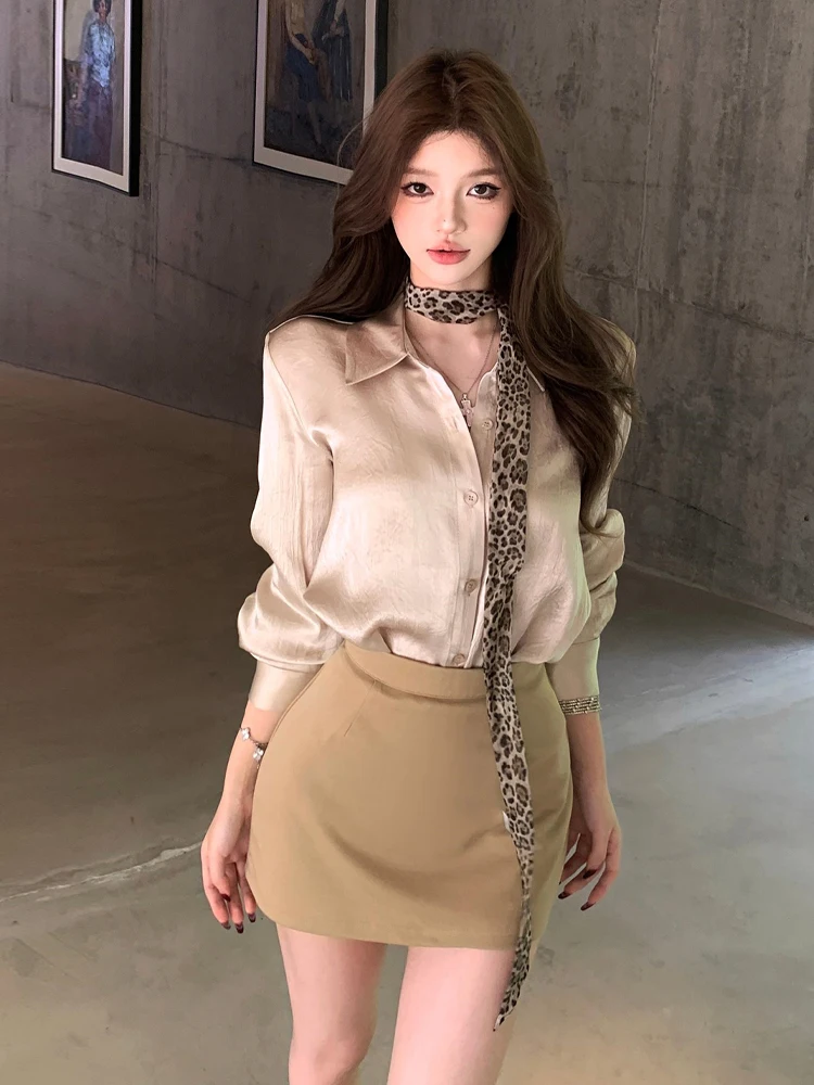 

Elegant Lazy Shirt with Leopard Print Scarf High Waist Bodycon Skirt Set Long Sleeve Stretchy Fashion Ensemble for Women