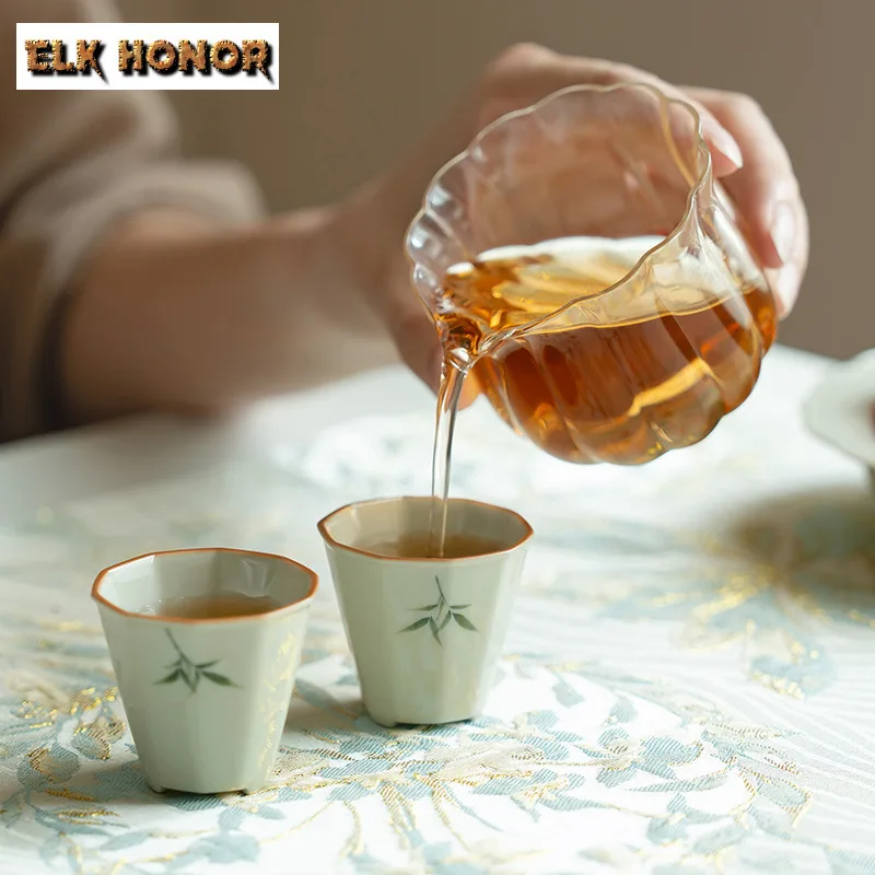 2pc/lot Hand Drawn Green Bamboo Teacup Tea Bowl Cute Cup Tea-tasting Fragrance Cup Chazhan Master Cups Teaset Drinkware 25ml