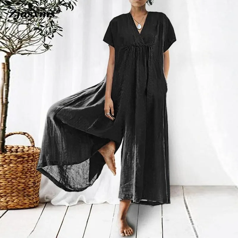 

Causal Pockets Loose Wide-Leg Pants 2023 Elegant Women Short Sleeved Office OL Romper Vintage Summer V Neck Solid Color Jumpsuit