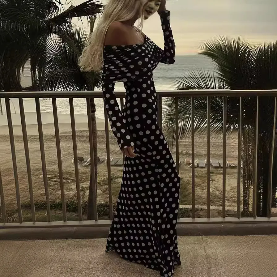 

2024 Spring/Summer New Yarn Mesh Dot Spliced One Shoulder Sexy Slim Fit Dress For Women