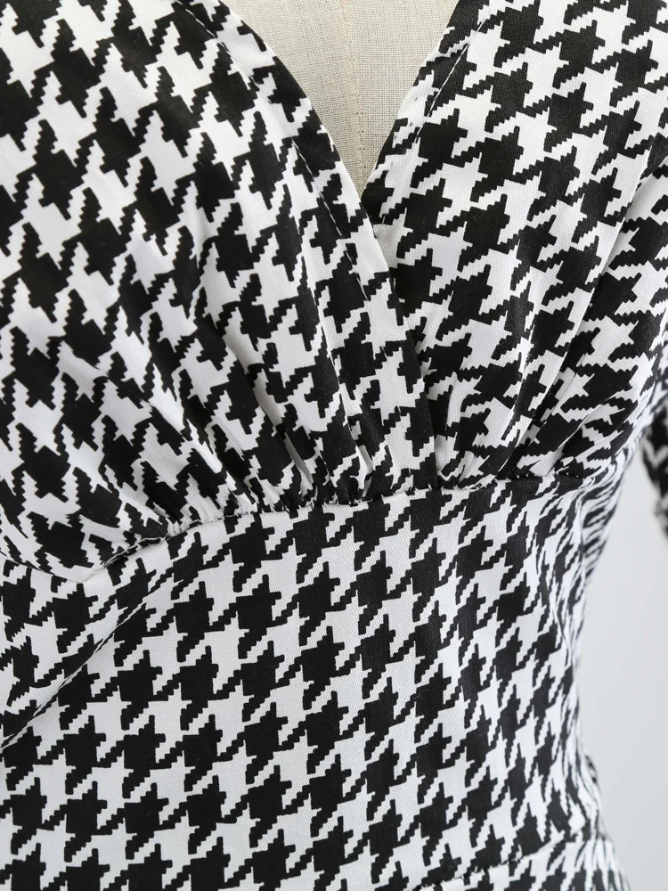 Tonval Houndstooth Print Vintage 50s Rockabilly Sexy V Neck Midi Dress Women Half Sleeve Autumn Party Elegant Cotton Dresses
