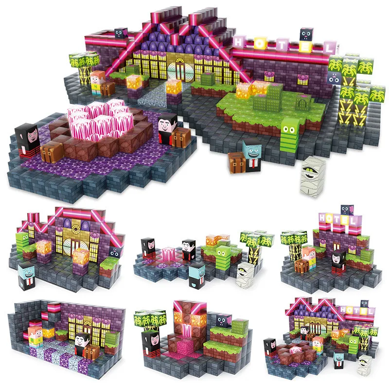 Elf Hotel Modello architettonico Blocchi magnetici con luci Giocattoli fai da te Regalo per bambini