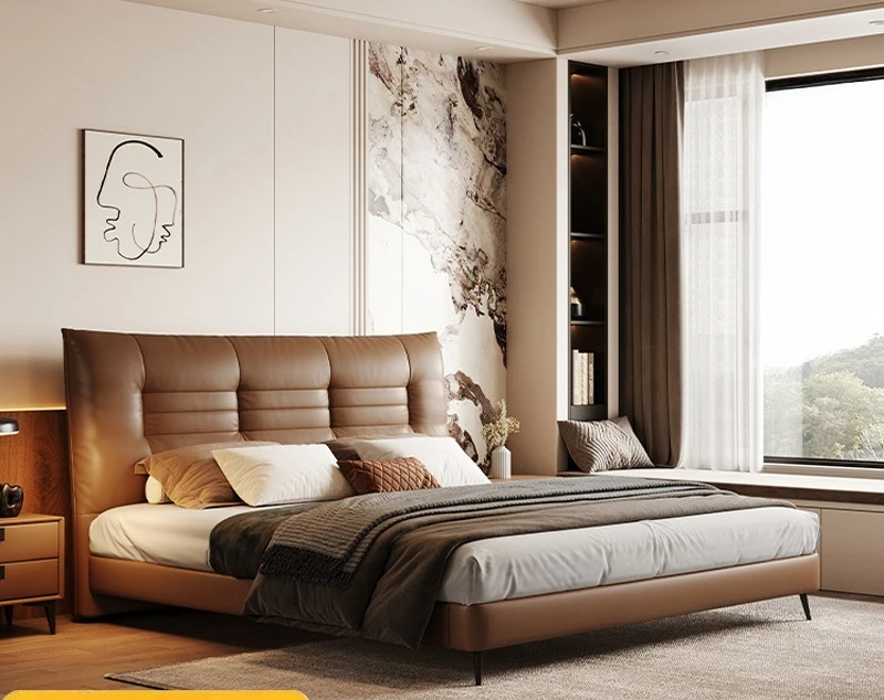 Cama italiana de cuero de vaca de primera ayer de lujo, ligera, moderna, sencilla, para apartamento pequeño, PC alta y cama de juegos para consola