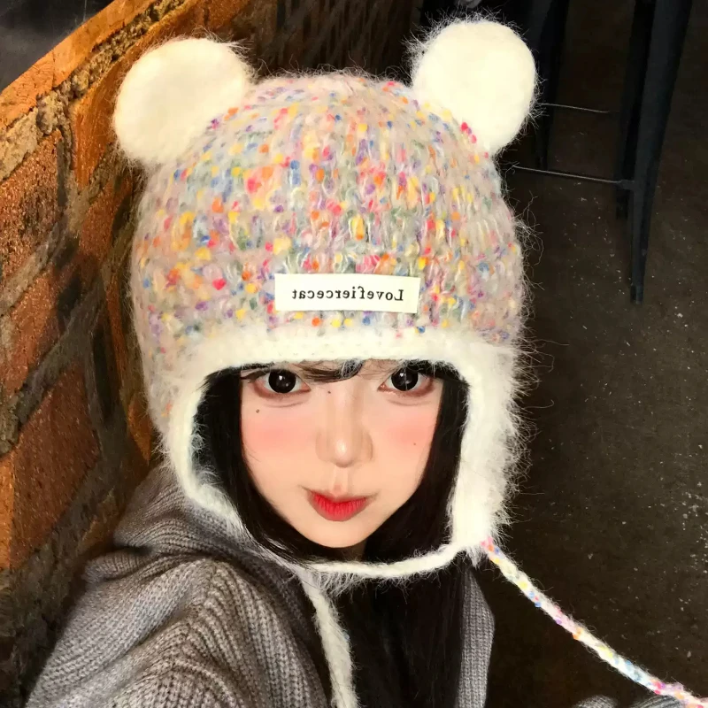 Women Cute Bear Ear Knit Earflap Hats Korean Sweet Multicolor Confetti Yarn Fluffy Fuzzy Warm Winter Beanies with String