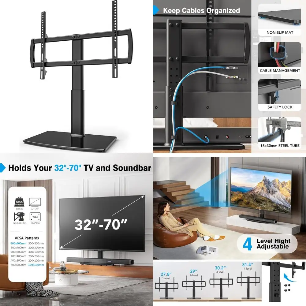 

Versatile Tabletop and Wall-Mounted TV Stand for 32-70 Inch Screens, 4-Level Height Adjustable, Sturdy Tempered Glass Base Suppo