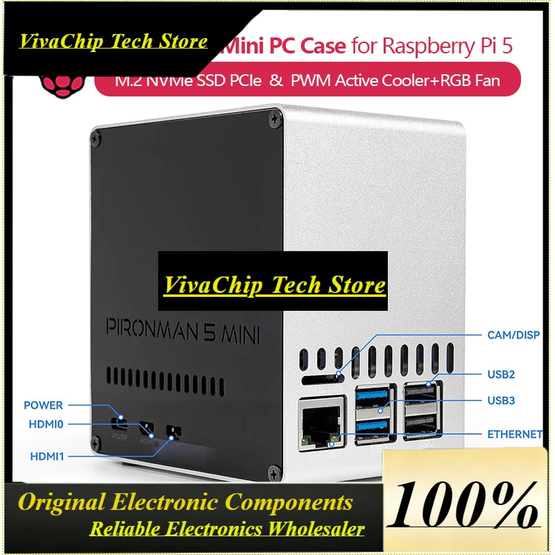 VoFSPironman 5-Mini PC Case For Raspberry Pi 5 (not Included), Supports M.2 NVMe SSD PCIe, With PWM Active Cooler+RGB Fan