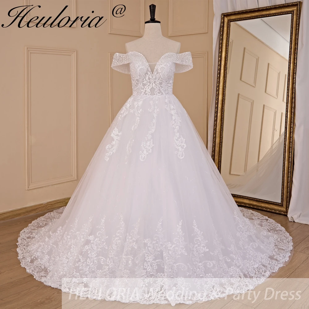 HEULORIA princess wedding dress off shoulder shinny skirt lace applique plus size white bride dress customize