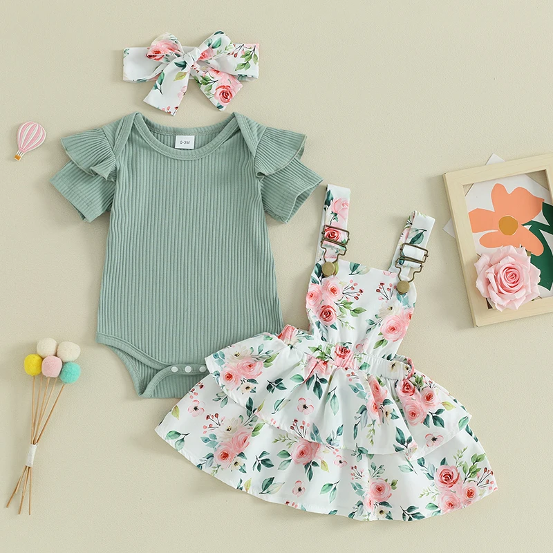 Mubineo Baby Girl Summer Clothes Cute Outfits Short Sleeve Romper Overall Skirt Dress Headband 3PCS Newborn Outfit