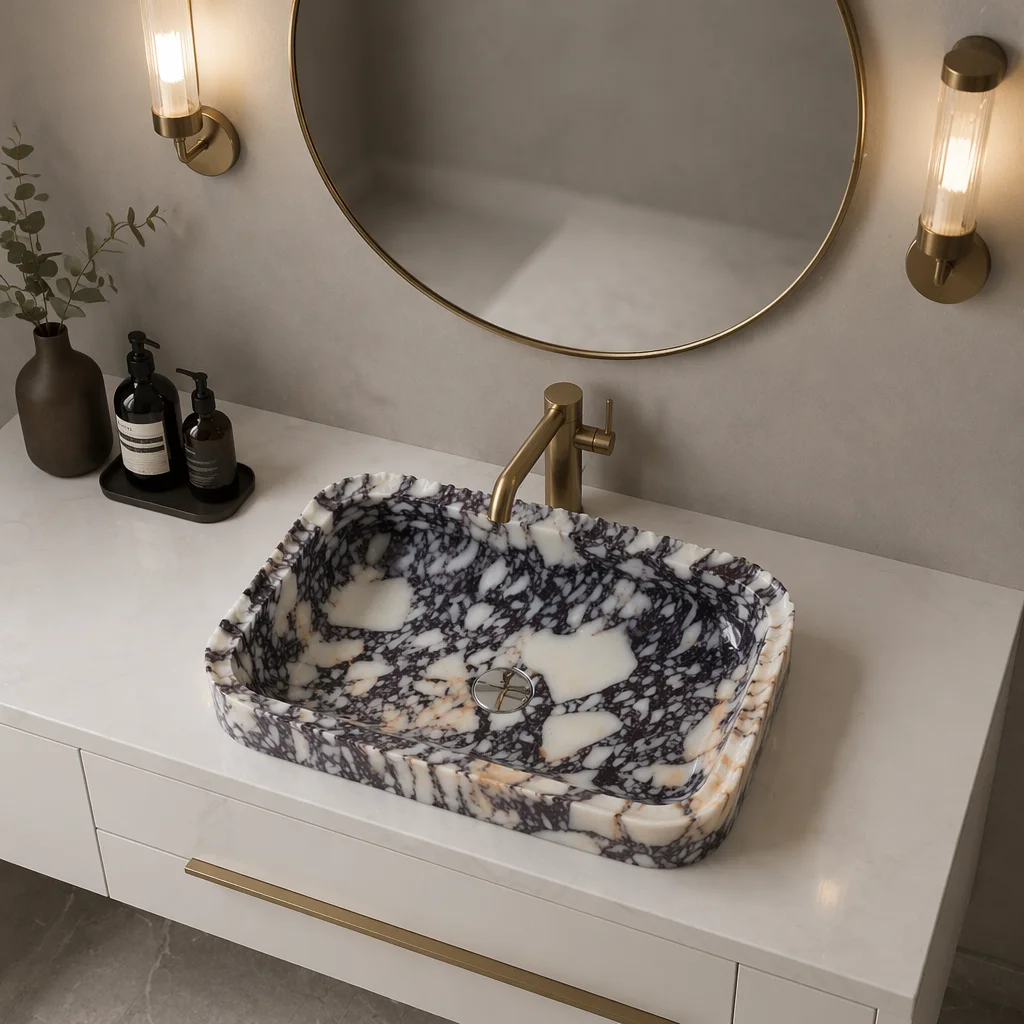 #￥Luxury Marble Calacatta Viola Washbasin Natural Stone Vanity Fluted Sinks Bathroom Furniture for Home Hotel and Villa