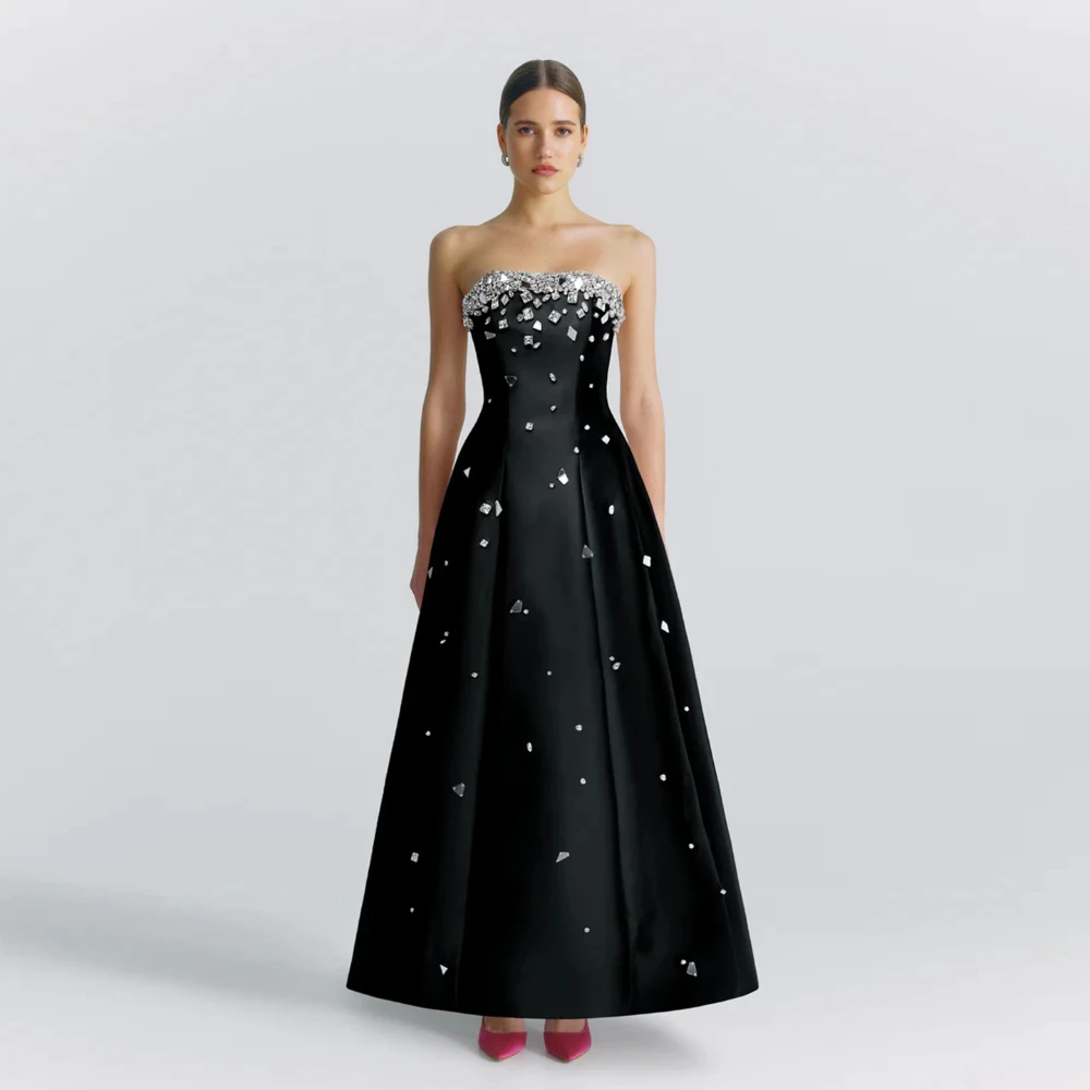 Chic Crystals Evening Dresses for Women Elegant Strapless Sleeves Sequined A-Line Gowns Fashion Wedding Birthday Party Dresses