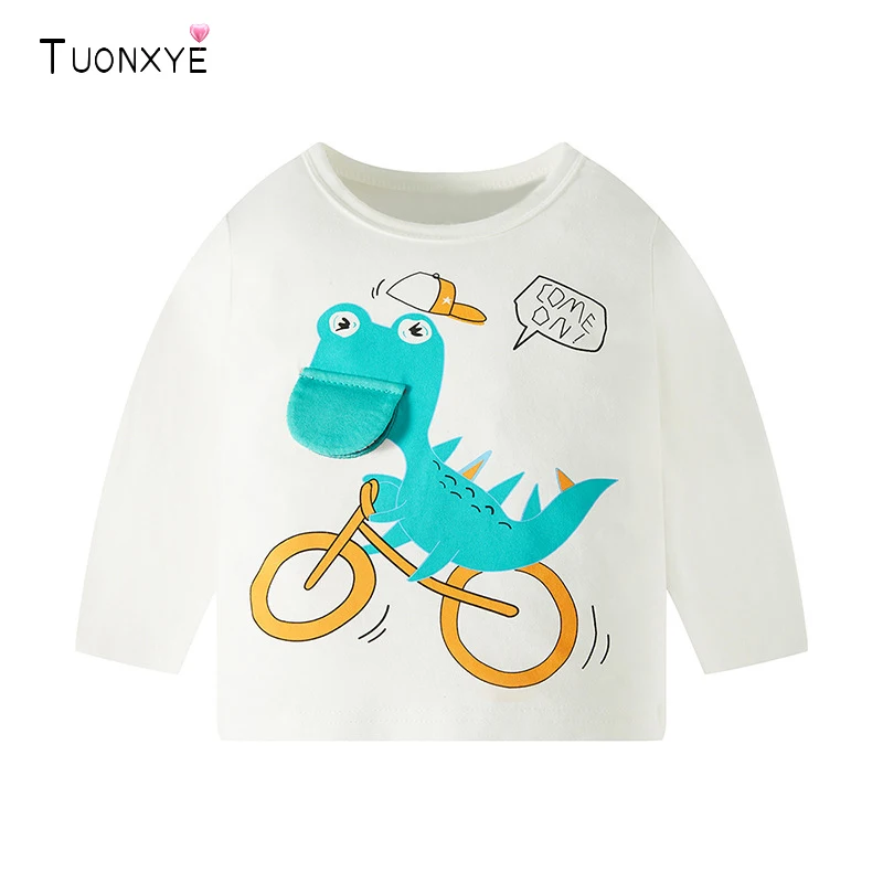 TUONXYE Langarm-T-Shirts für Jungen, Cartoon-Tier-Fahrrad-Stickerei, lässiger weicher Baumwollpullover, Baby-Sportkleidung