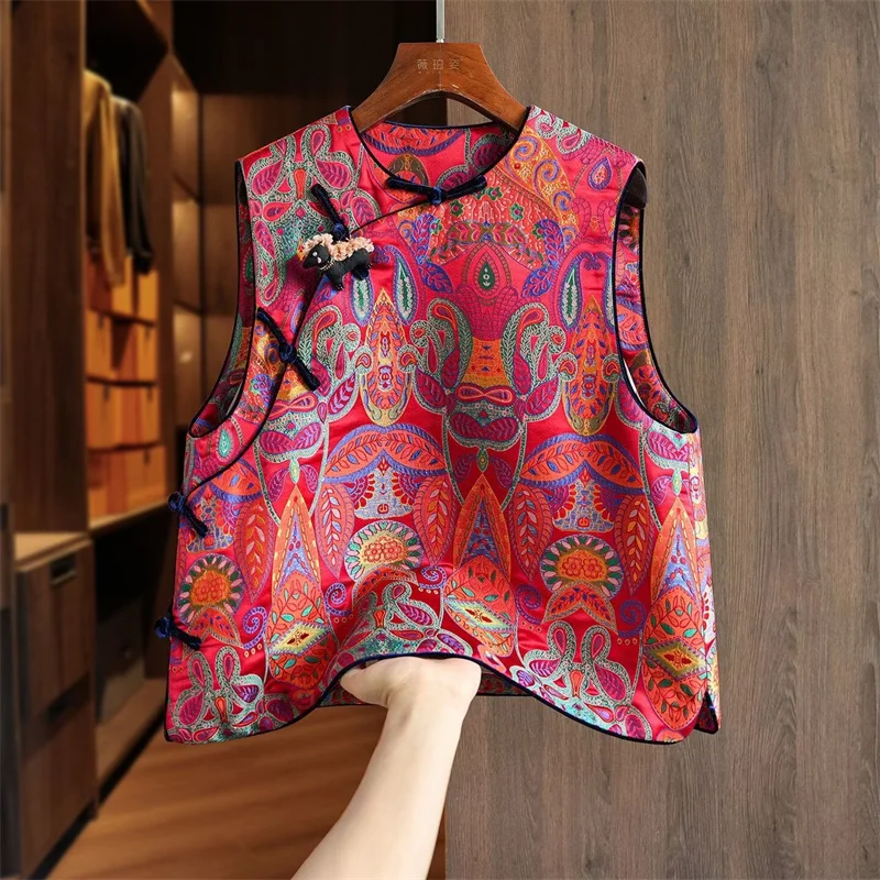 

Новая женская классическая весенняя жилетка-куртка в китайском стиле, красная, элегантная, с круглым вырезом, на пуговицах, без рукавов, в стиле Тан.