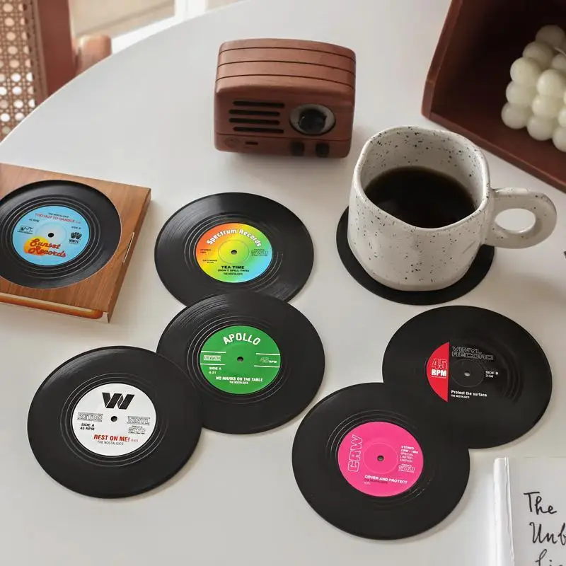 6/4/2PCS Retro Vinyl Record Cup Coaster Anti-slip Coffee Coasters Heat Resistant Music Drink Mug Mat Table Placemat Decors Gifts