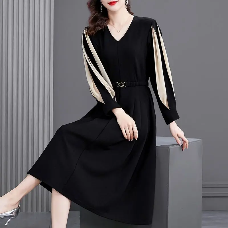 Office Lady Solid Color Patchwork Midi Dress Elegant V-Neck All-match Spring Autumn Sashes A-Line Waist Women\'s Pleated Dresses