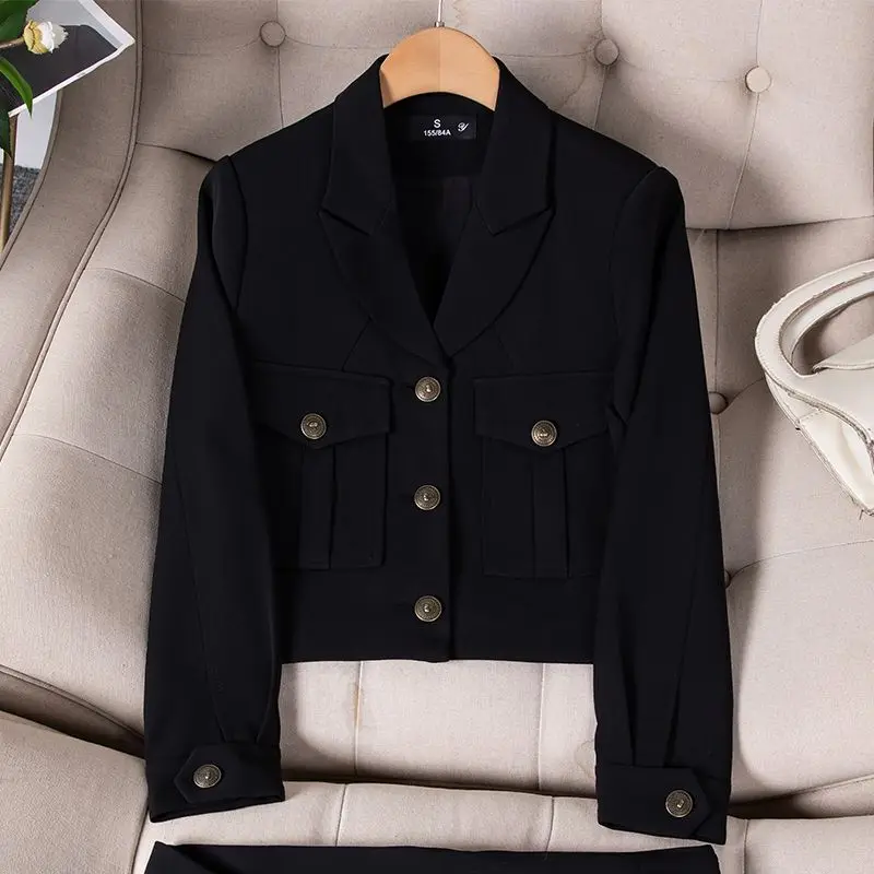 Spring Autumn Black Blazer + Wide Leg Pants Suit Women Fashion Long Sleeve Jackets Korean Straight Pants Two Piece Set Women