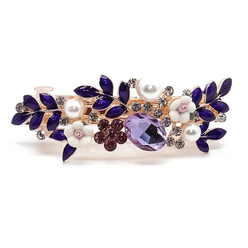 Elegant Black Purple Crystal Hair Barrette Leaf Flower Rhinestone Hair Clip Luxury Pearl Hairpins For Women Girls Jewelry