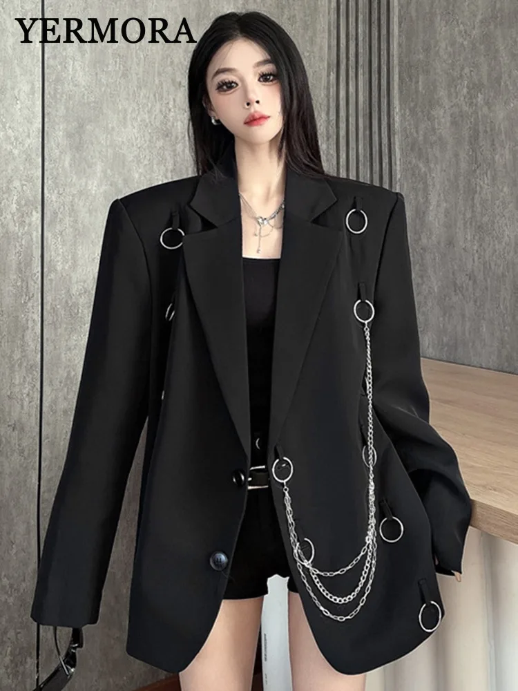 YERMORA Black Metal Chain Casual Blazer For Women Lapel Long Sleeve Loose Fit New Jacket Fashion Tide Spring Autumn 2025 A813